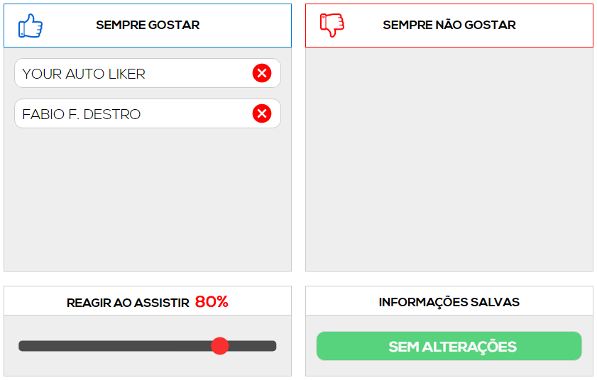 Página de configuração, onde é possivel gerenciar os canais que vai dar like e dislike